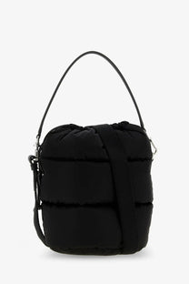 Moncler women’s black nylon caradoc bucket bag with drawstring top and adjustable shoulder strap