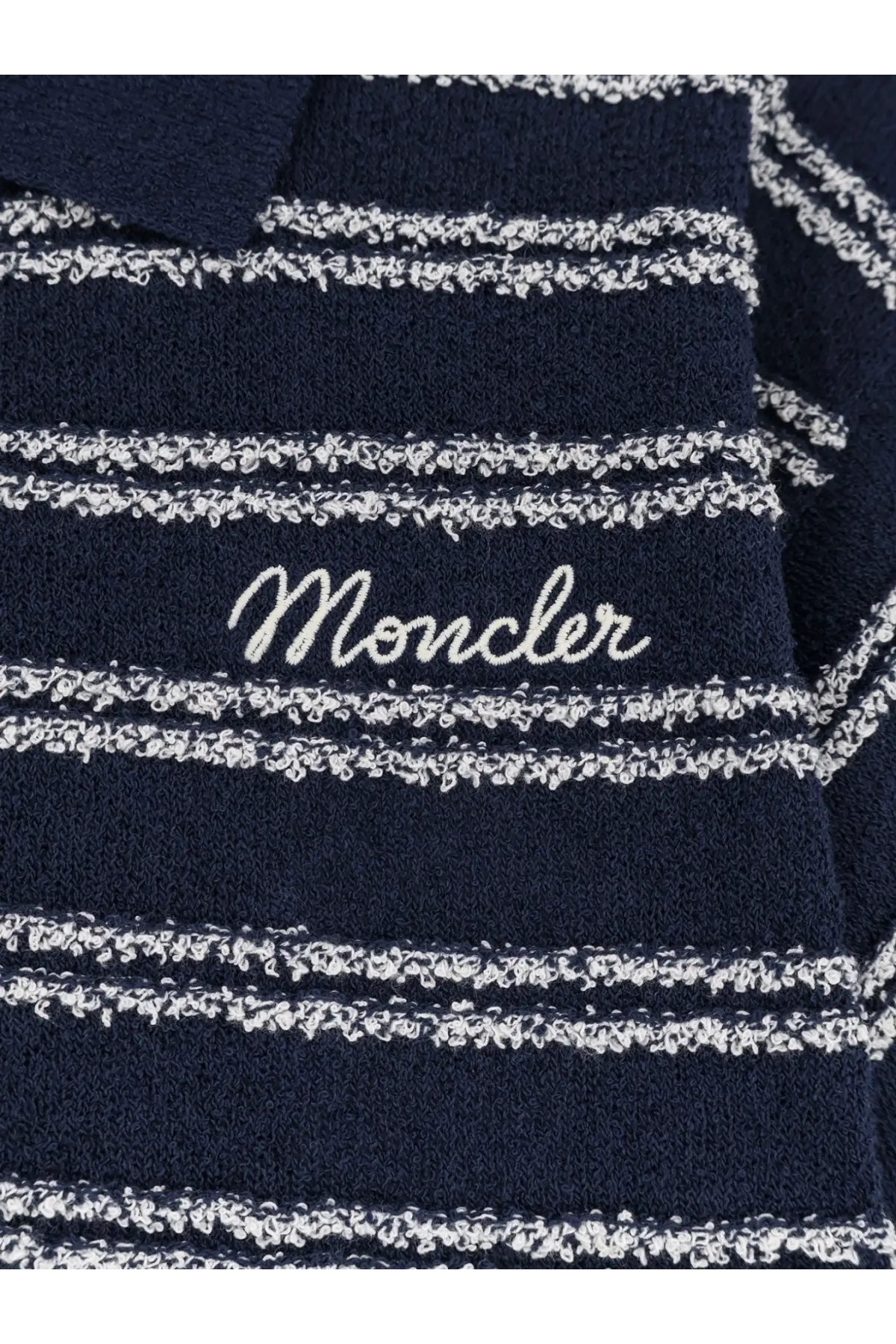 Navy blue textured cotton blend polo shirt with silver metallic stripes and embroidered moncler logo for women