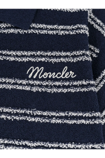 Navy blue textured cotton blend polo shirt with silver metallic stripes and embroidered moncler logo for women