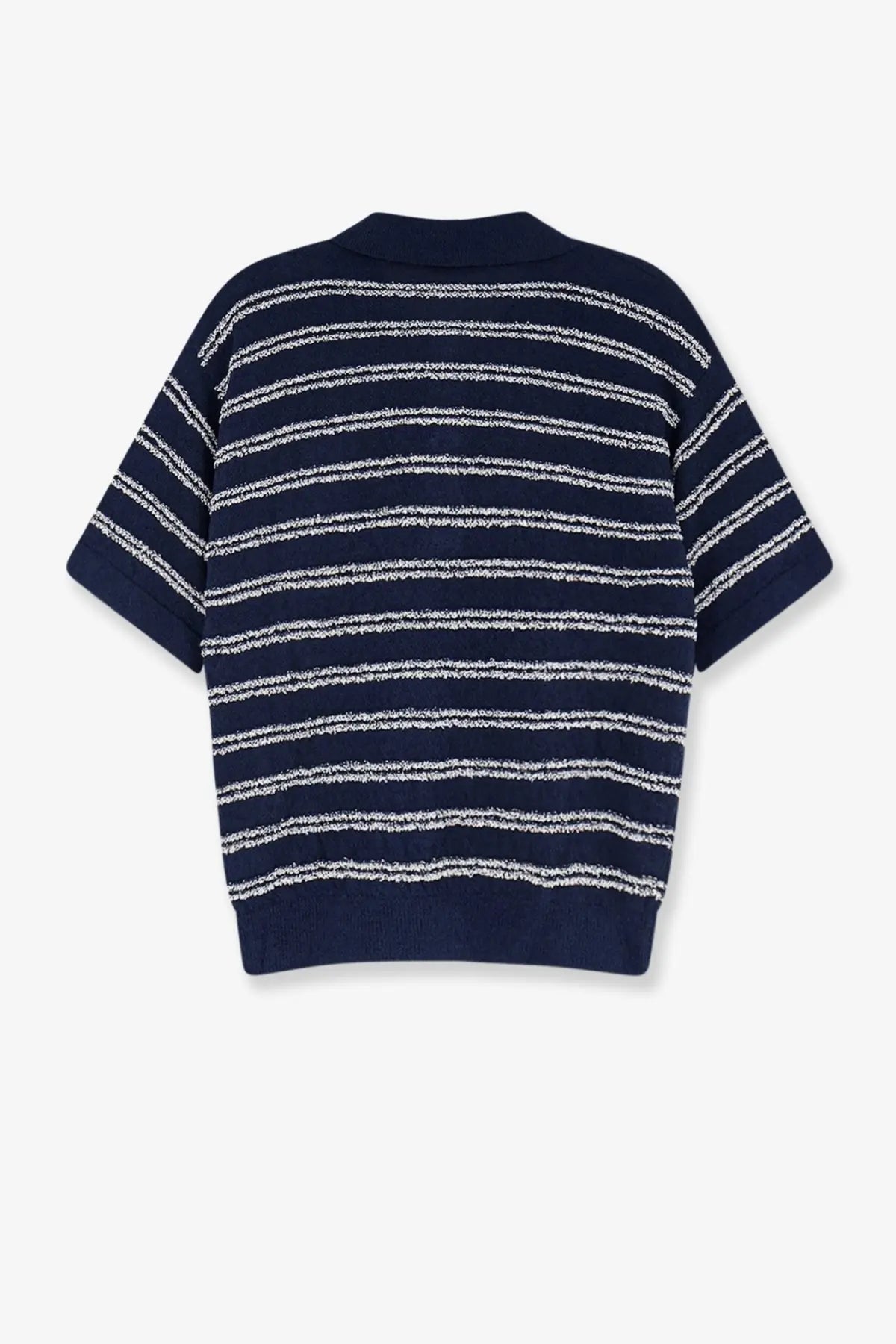 Moncler women’s cotton blend polo shirt in navy blue and white horizontal stripes with ribbed collar and cuffs