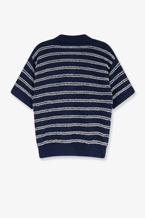 Moncler women’s cotton blend polo shirt in navy blue and white horizontal stripes with ribbed collar and cuffs