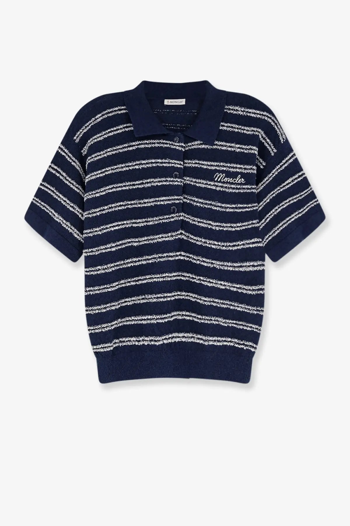 Moncler women’s navy blue and white striped cotton blend polo shirt with moncler embroidery on the chest