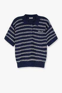 Moncler women’s navy blue and white striped cotton blend polo shirt with moncler embroidery on the chest