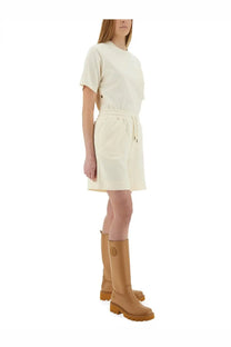 Moncler women’s cream-colored cotton fleece dress with short sleeves drawstring relaxed fit and side pockets