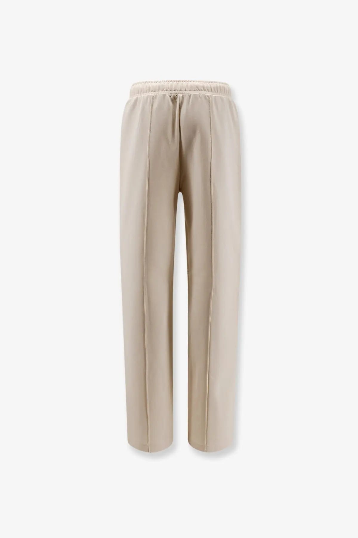 Moncler women’s cotton jogging trousers in beige with wide-leg fit elastic waistband and vertical seam detailing