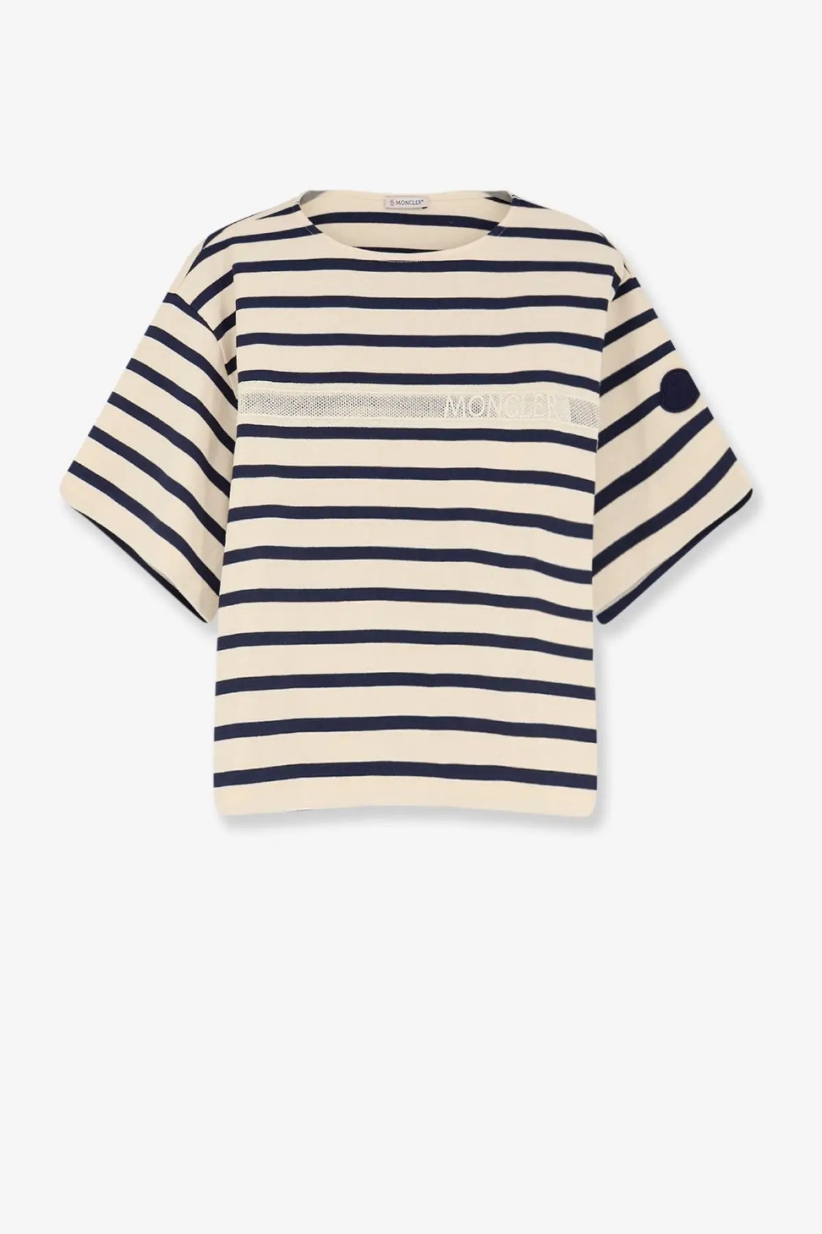 Moncler women’s cotton black short-sleeved t-shirt with cream and navy blue stripes and textured moncler chest band
