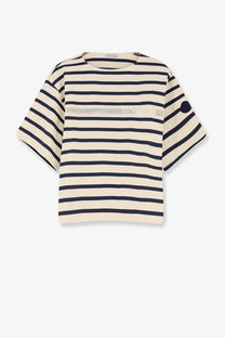 Moncler women’s cotton black short-sleeved t-shirt with cream and navy blue stripes and textured moncler chest band