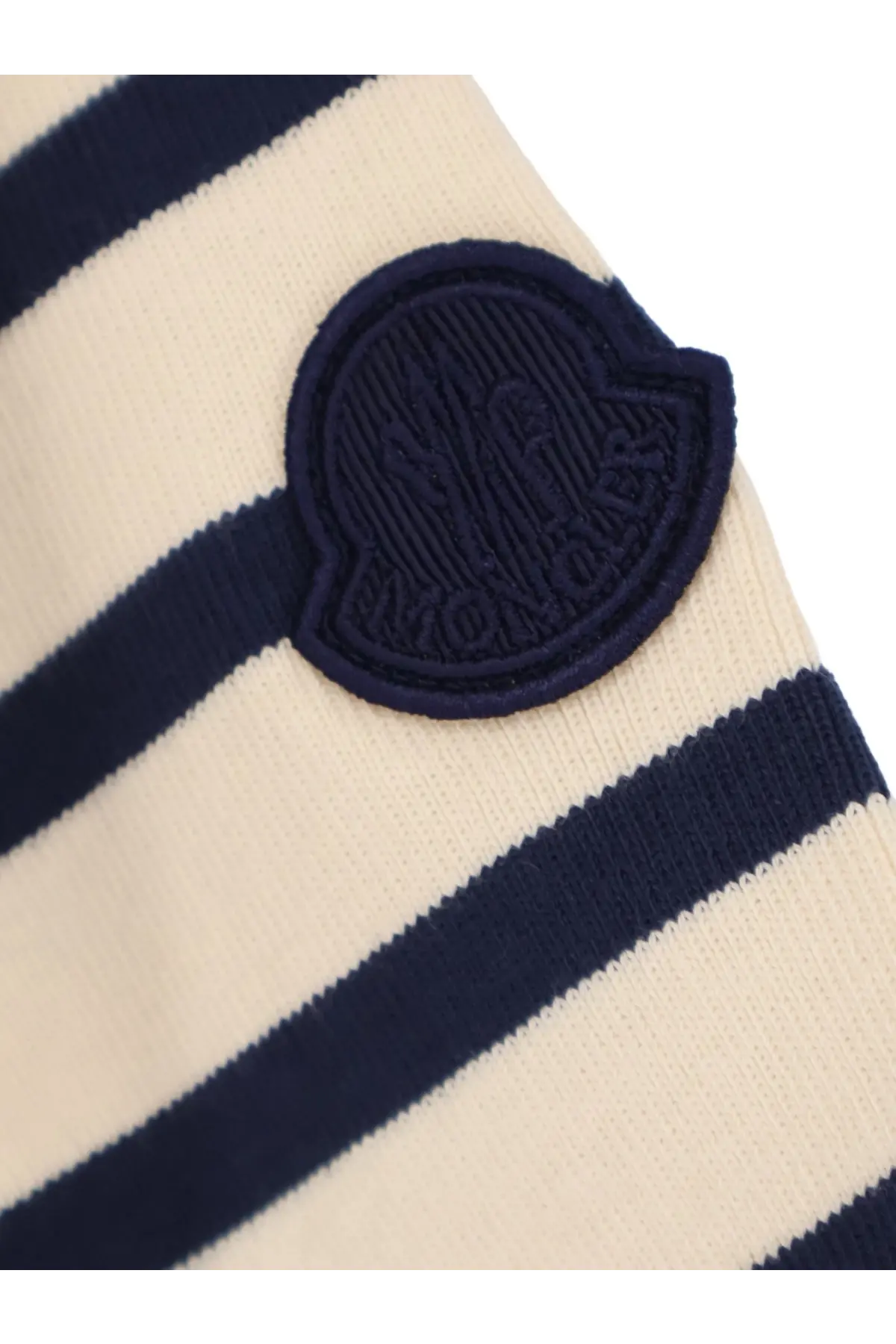 Moncler women’s cotton shirt black with cream and navy blue striped knit and circular embroidered Moncler logo patch