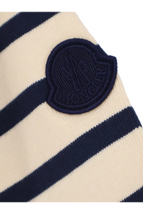 Moncler women’s cotton shirt black with cream and navy blue striped knit and circular embroidered Moncler logo patch