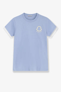 Moncler women’s light blue cotton short-sleeved t-shirt with subtle embroidered logo on the chest