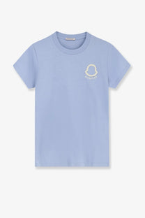 Light blue Moncler women’s cotton short-sleeved t-shirt with subtle embroidered logo on the chest