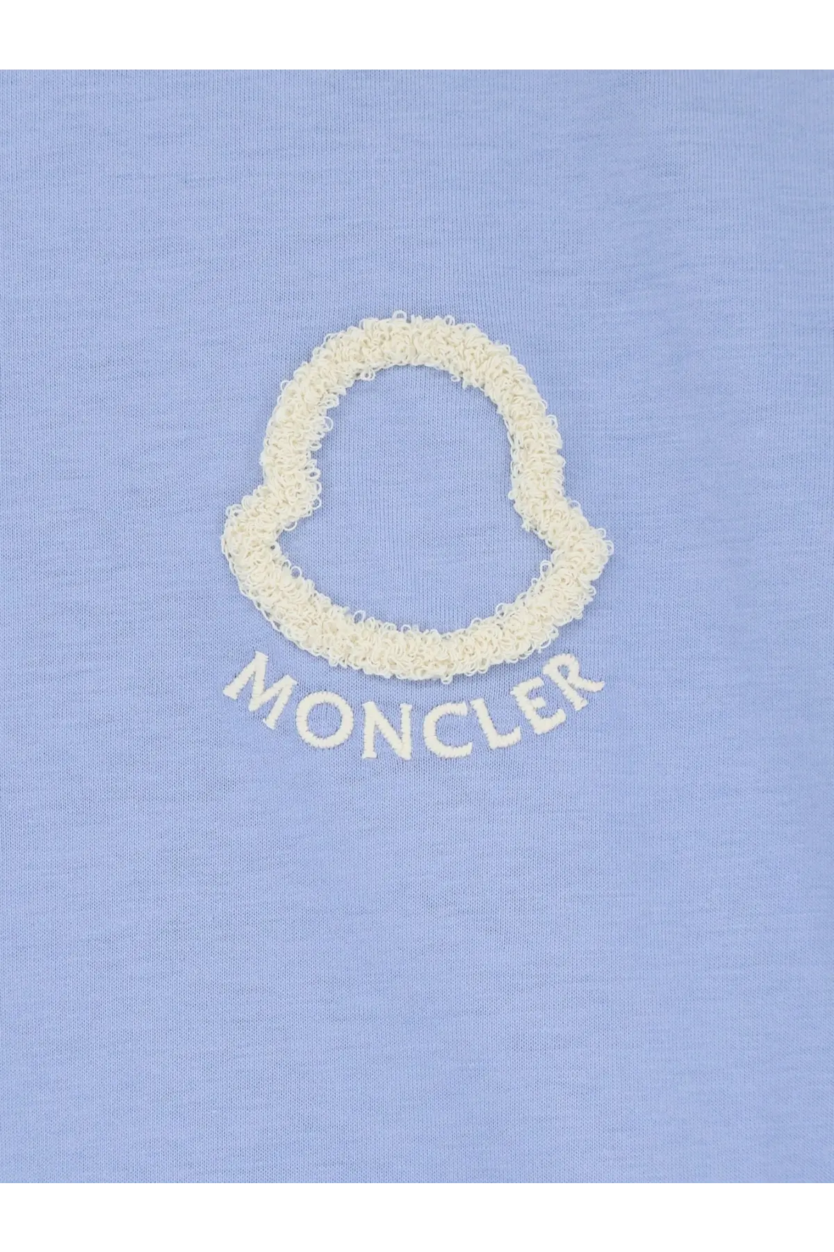 Light blue moncler women’s cotton t shirt with cream embroidered logo and textured stitching on the front