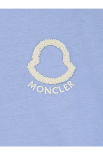 Light blue moncler women’s cotton t shirt with cream embroidered logo and textured stitching on the front