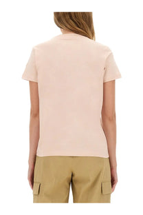 Moncler women’s cotton shirt blue with soft blush pink short sleeves and simple crew neckline