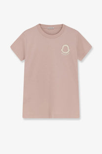 Moncler women’s cotton shirt pink in soft blush with short sleeves and subtle embroidered logo on the chest