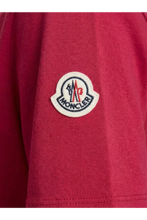 Red moncler logo patch on textured knit fabric of moncler women’s cotton shirt red
