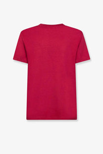 Moncler women’s vibrant red short sleeved crew neck t shirt made of soft cotton fabric