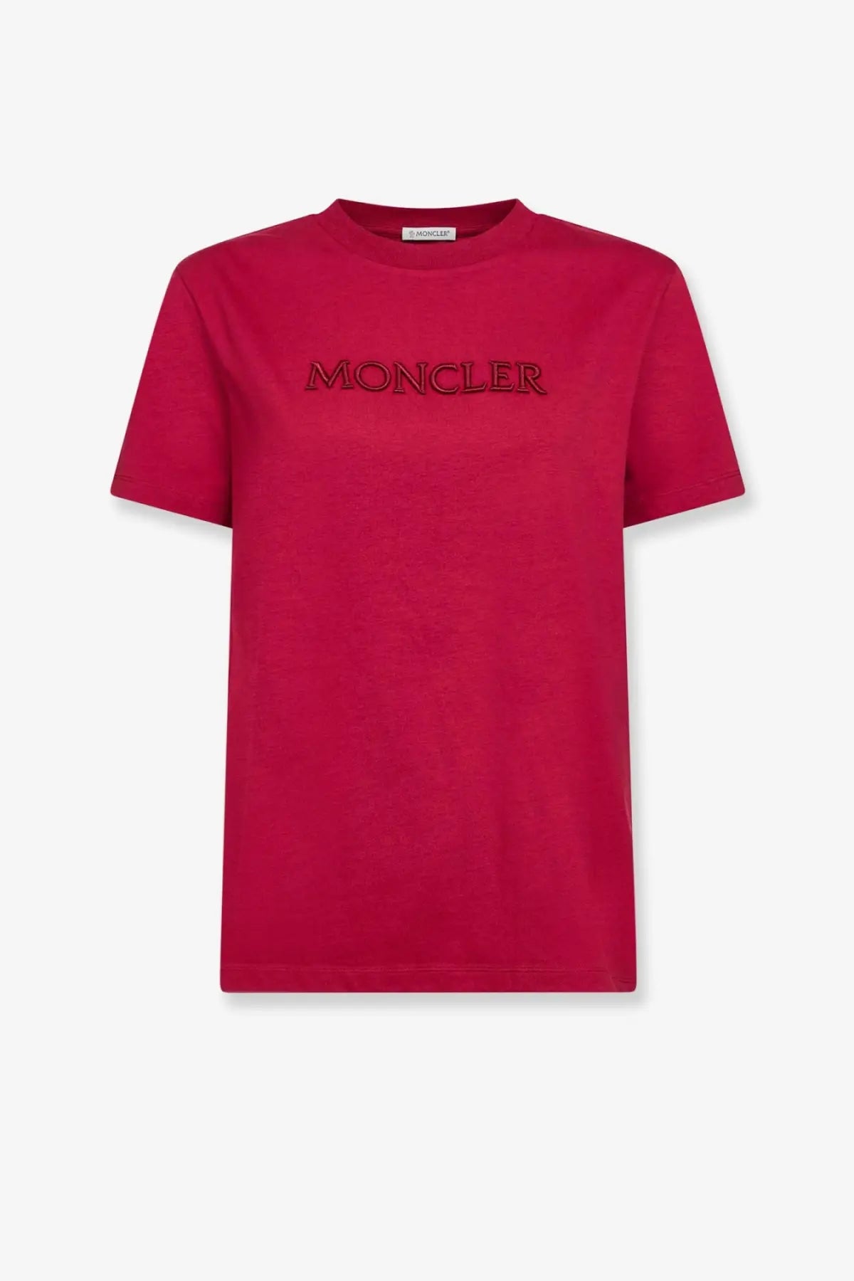 A vibrant red Moncler women’s cotton t-shirt with a bold embroidered logo across the chest