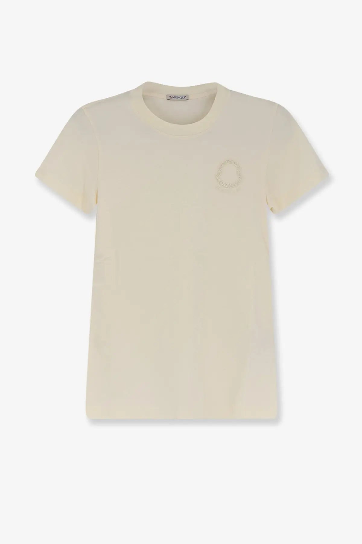 Moncler women’s cream cotton t-shirt with a subtle embroidered logo on the left chest front