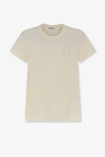 Moncler women’s cream cotton t-shirt with a subtle embroidered logo on the left chest front