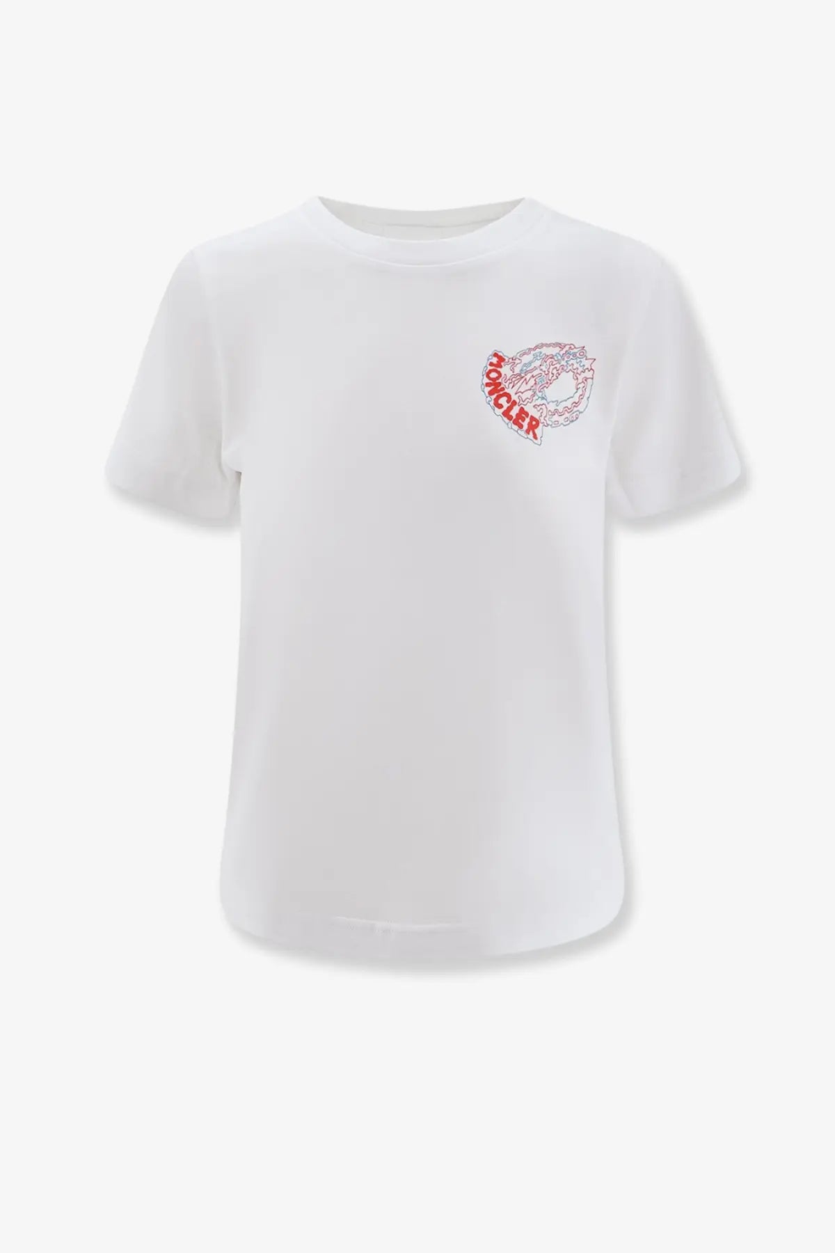 Moncler women’s white cotton short-sleeved t-shirt with a red embroidered logo on the left chest