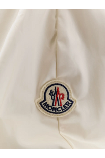 Moncler women’s white cotton sweatshirt featuring a white logo patch with embroidered red blue and black details on cream fabric