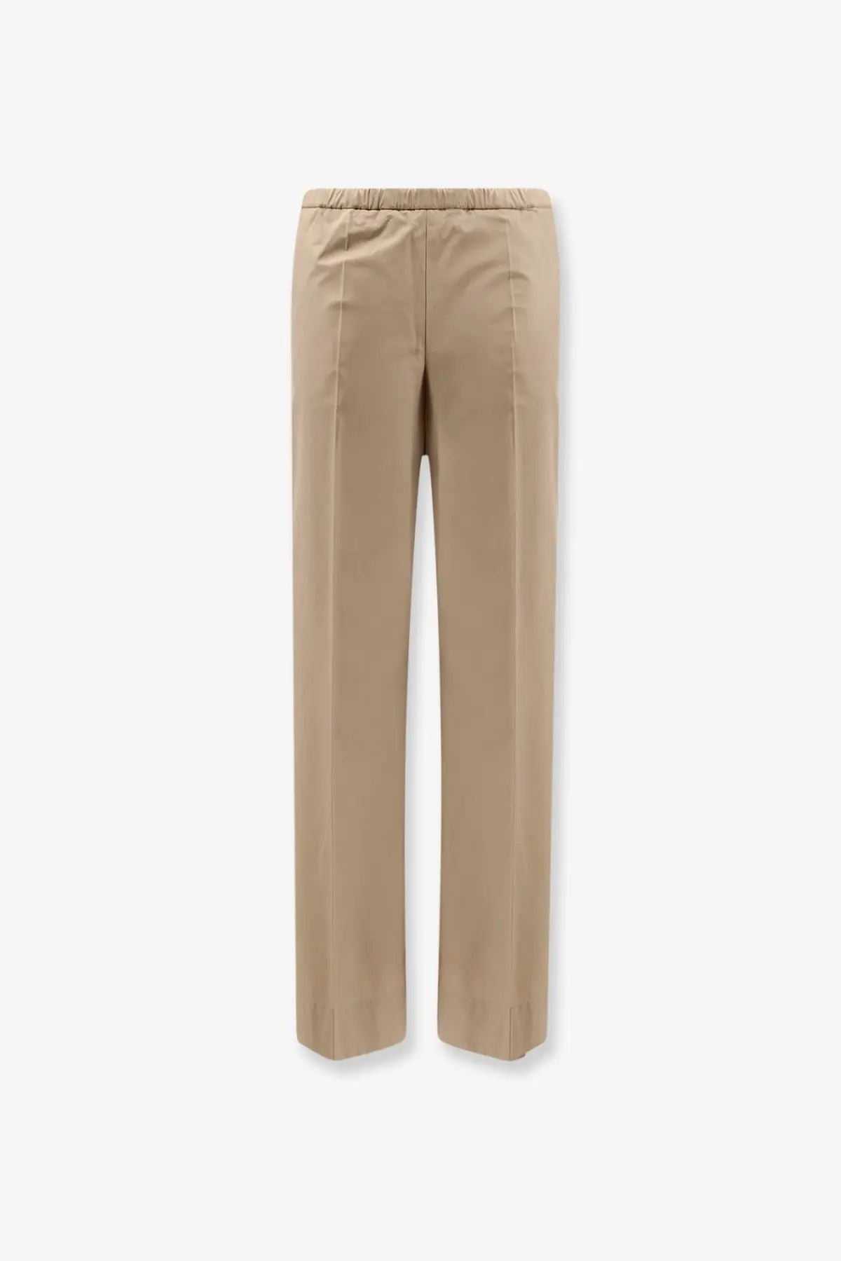 Beige Moncler women’s cotton trousers with straight leg and elastic waistband for comfortable wear