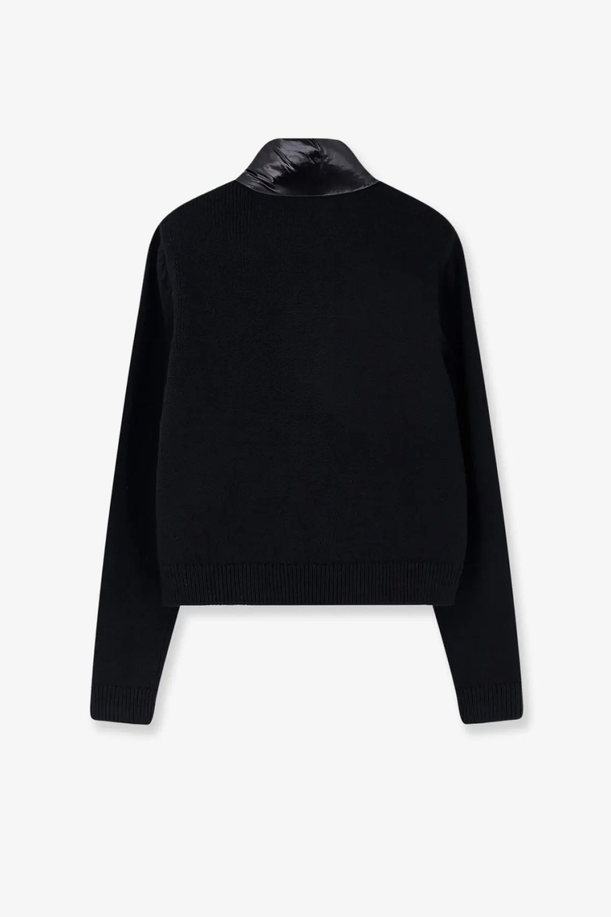 Moncler women’s down jacket black with black knit fabric and glossy black quilted collar for cold weather