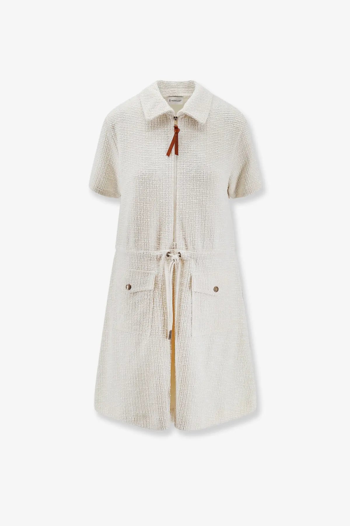 Moncler women’s cream-colored textured short-sleeved dress with collar and front zipper in white fabric