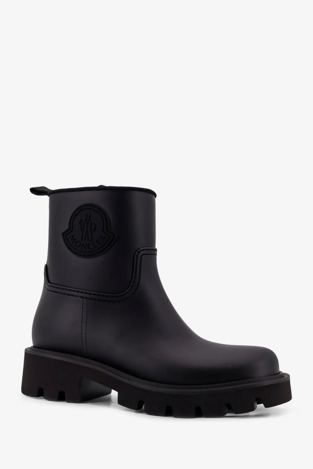 Moncler women’s kickstream black rubber rainboots with chunky sole and embossed logo on the side