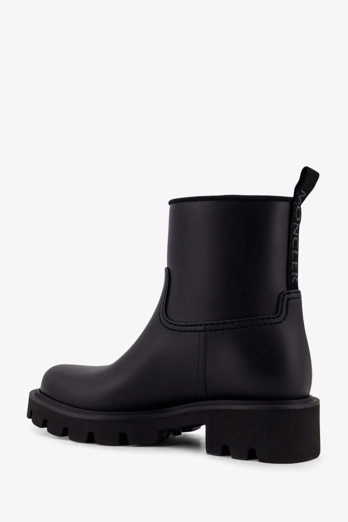 Moncler women’s Kickstream black rubber rainboots with chunky sole and pull tab for easy wear