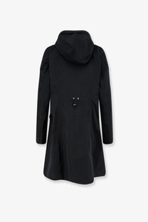 Back view of moncler women’s laerte black cotton blend long jacket with minimalist design and subtle eye detail
