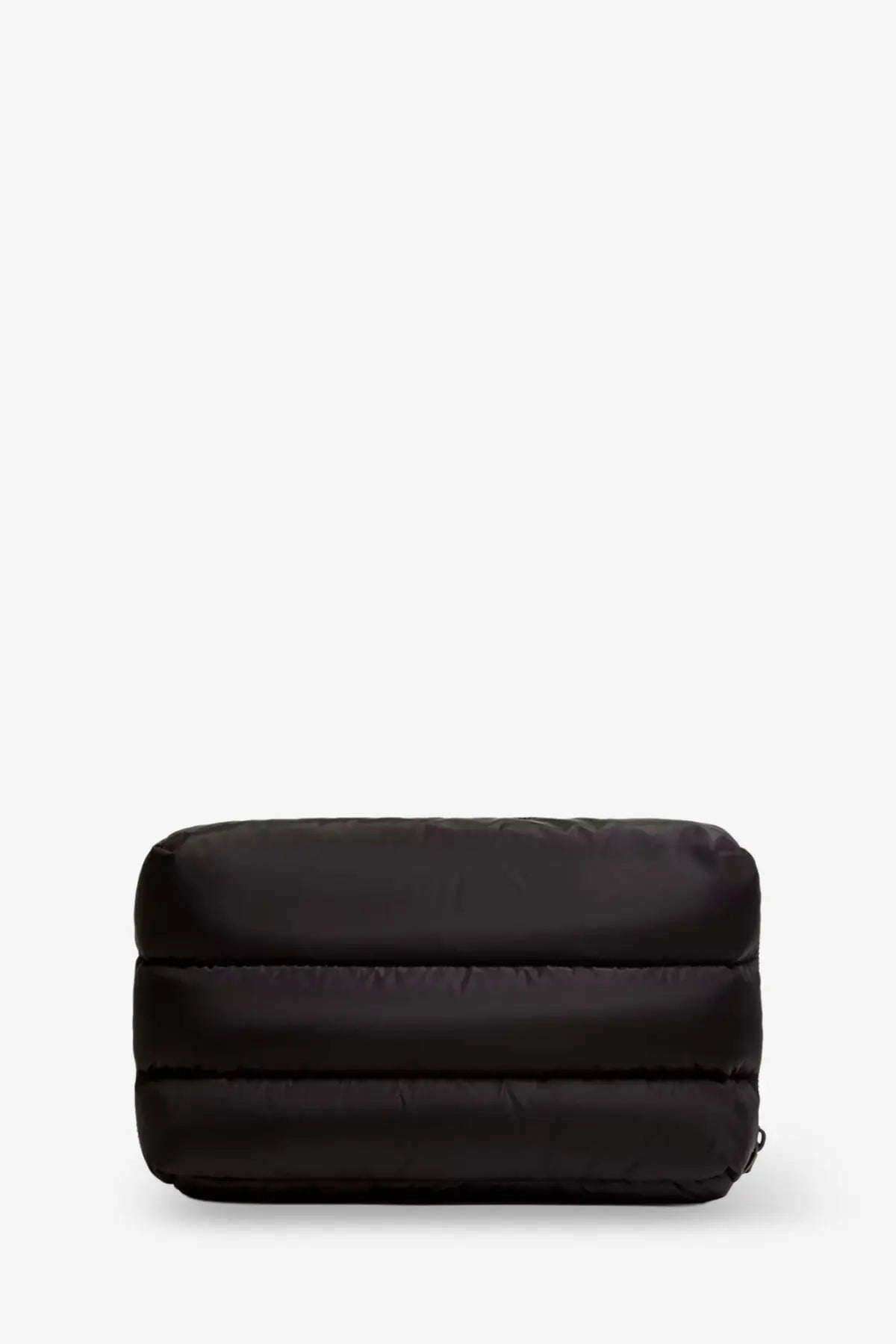 Moncler women’s black nylon Caradoc beauty case crossbody bag with puffer style horizontal stitching and zipper closure