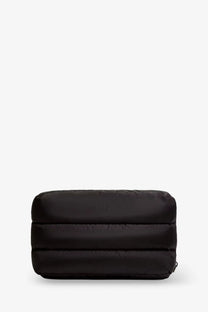 Moncler women’s black nylon Caradoc beauty case crossbody bag with puffer style horizontal stitching and zipper closure