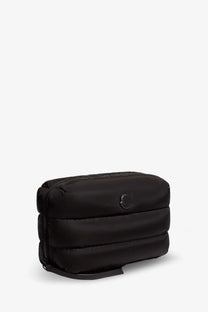 Moncler women’s black nylon Caradoc beauty case with quilted horizontal stitching and circular logo emblem on front