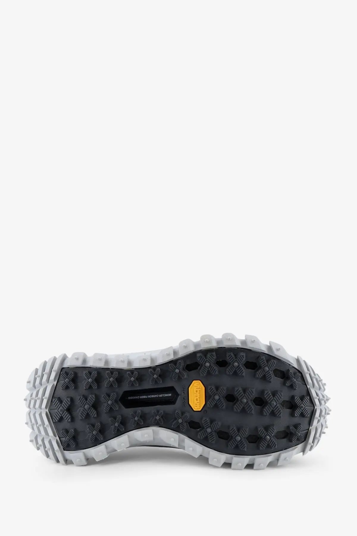 Moncler women’s nylon trailgrip sneakers white black and gray rubber outsole with textured aggressive tread and orange Vibram logo