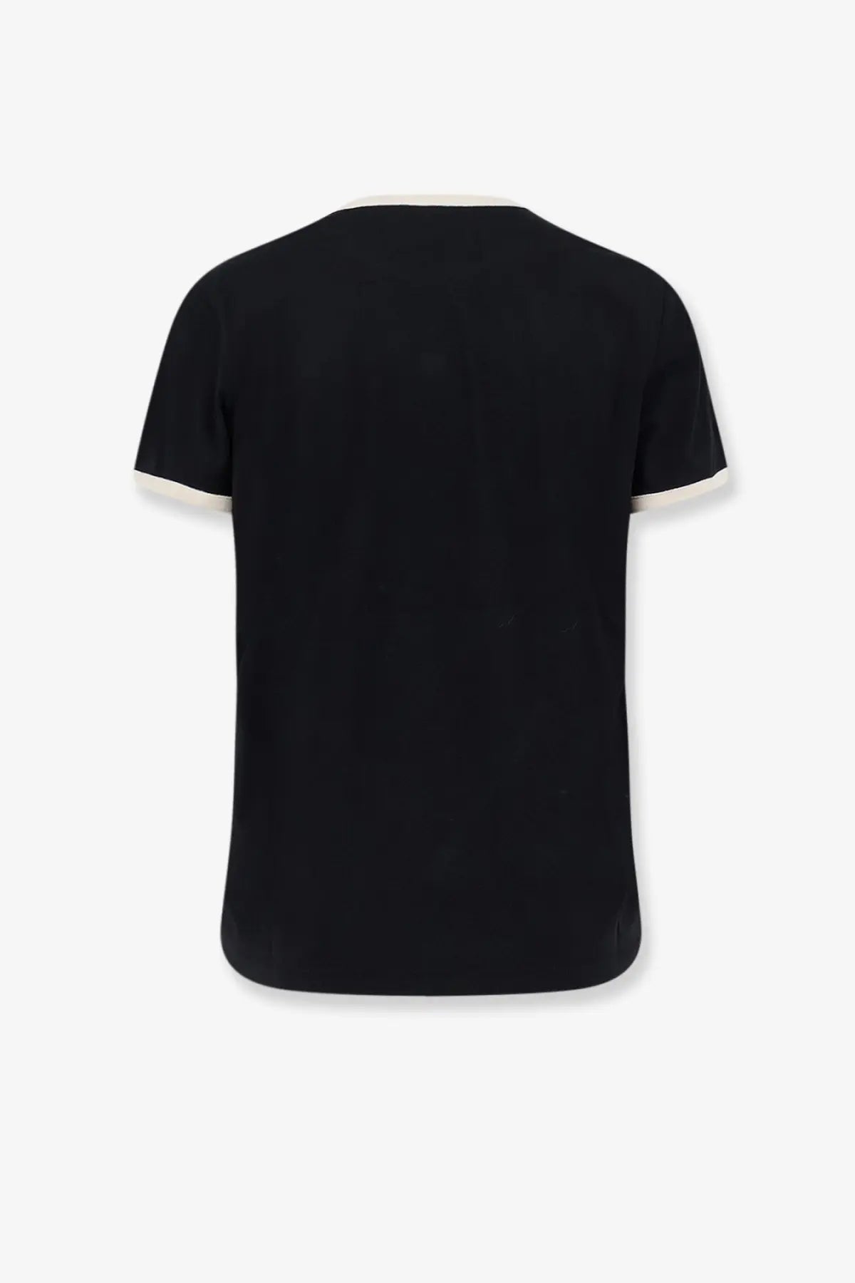 Moncler women’s black organic cotton t-shirt with short sleeves and white ribbed cuffs and neckline