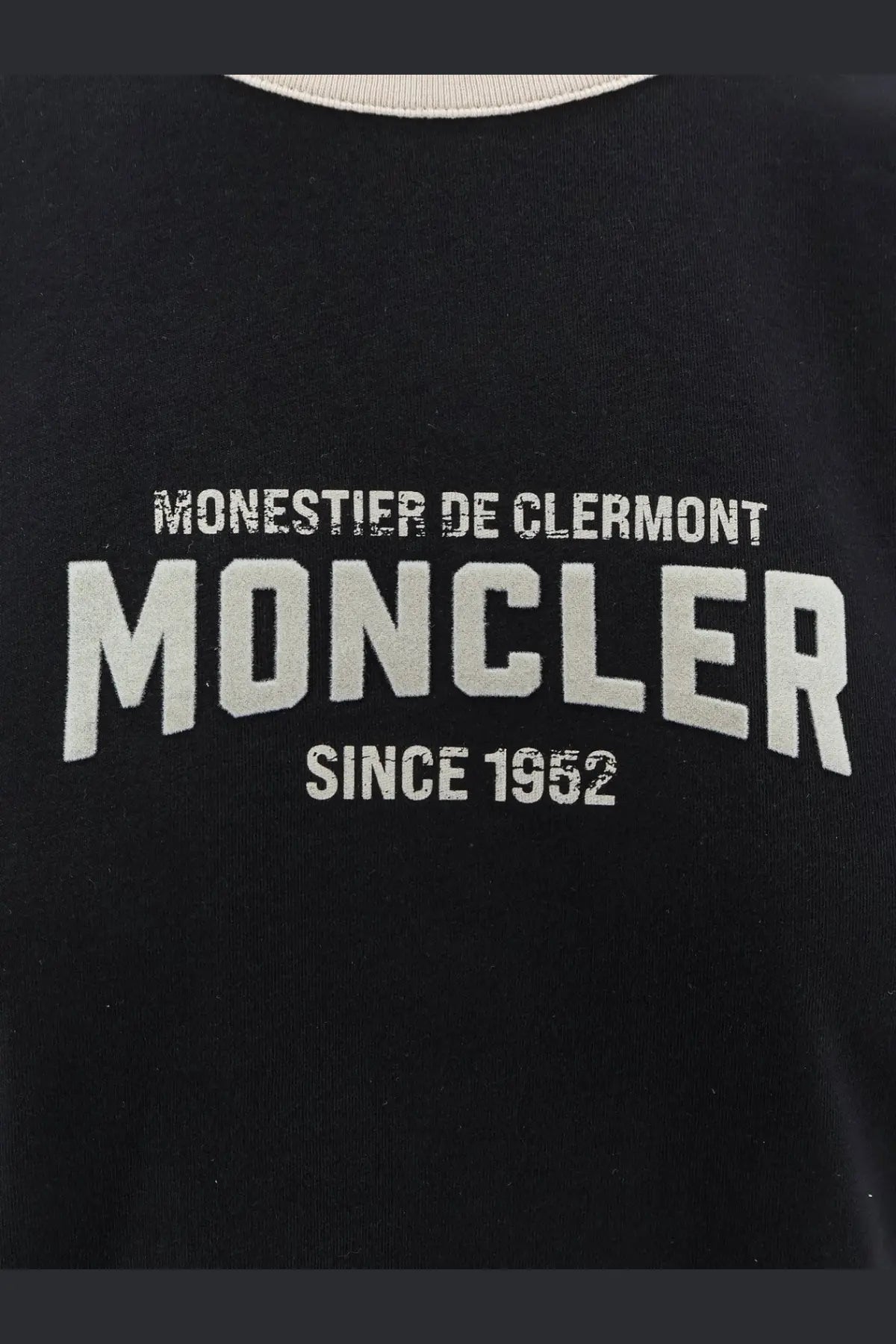 Black moncler women’s organic cotton sweatshirt with white distressed monestier de clermont lettering across chest