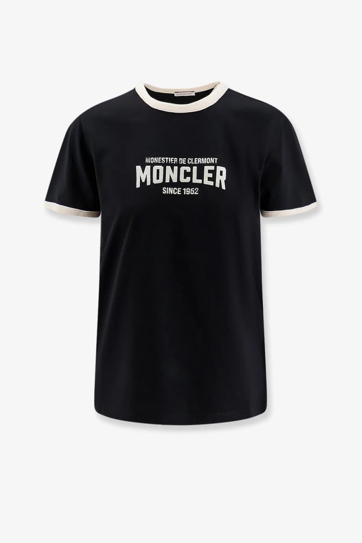 Moncler women’s organic cotton t-shirt in black with white lettering and cream ribbed collar and sleeve cuffs