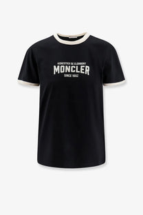 Moncler women’s organic cotton black t-shirt with white lettering and cream ribbed collar and sleeve cuffs