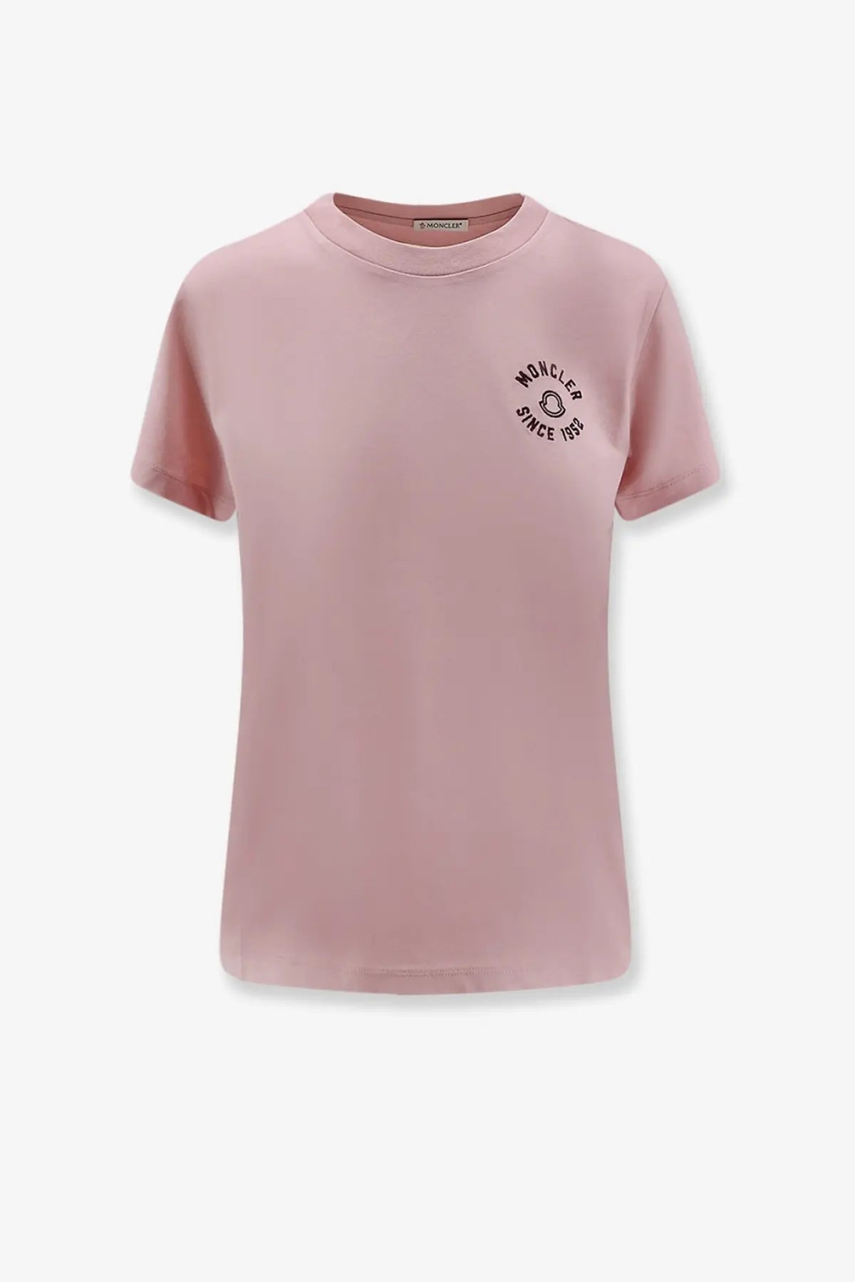 Moncler women’s soft pink organic cotton t-shirt with a subtle black circular logo on the chest