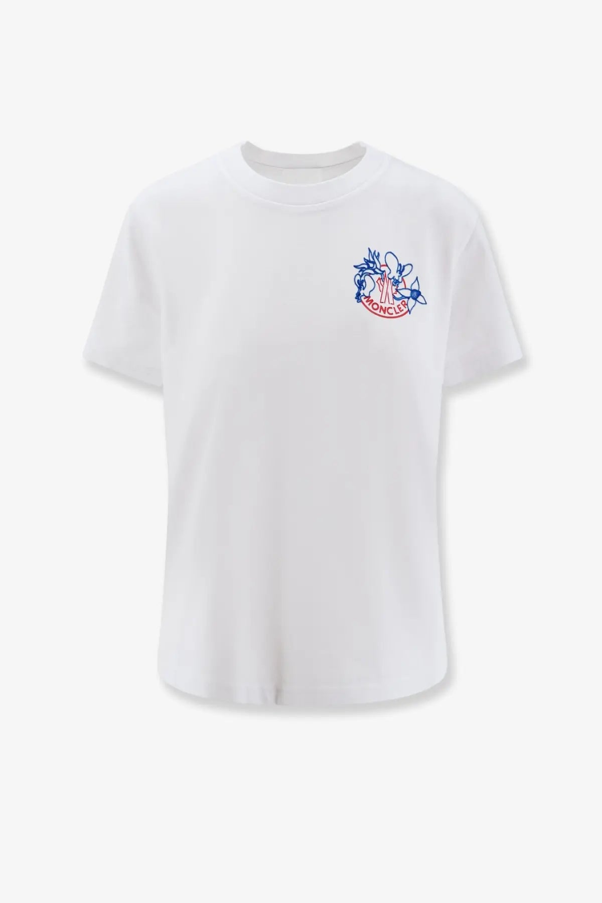 Moncler women’s organic cotton white t shirt with blue and red embroidered logo on the left chest