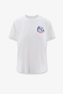 Moncler women’s organic cotton white t shirt with blue and red embroidered logo on the left chest