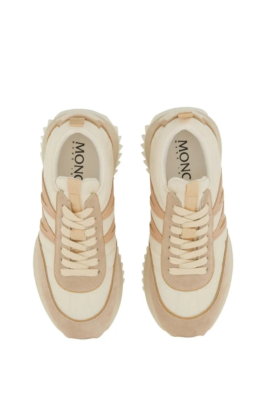 Moncler women’s Pacey sneaker beige with textured suede panels chunky rubber soles and retro athletic design