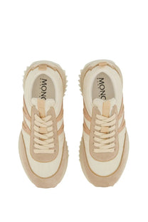 Moncler women’s Pacey sneaker beige with textured suede panels chunky rubber soles and retro athletic design
