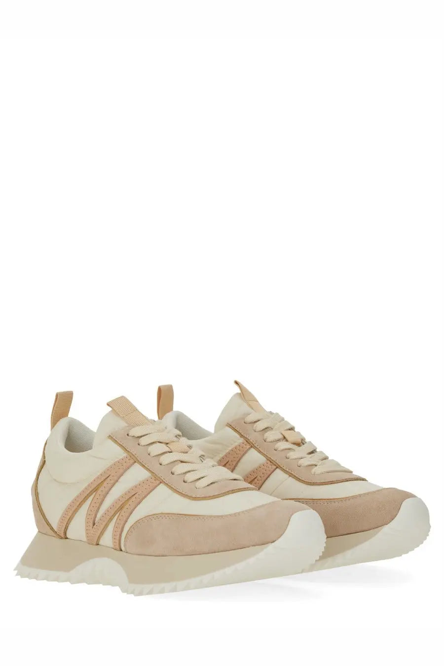 Moncler women’s Pacey sneaker beige in beige and cream suede with a chunky white rubber sole