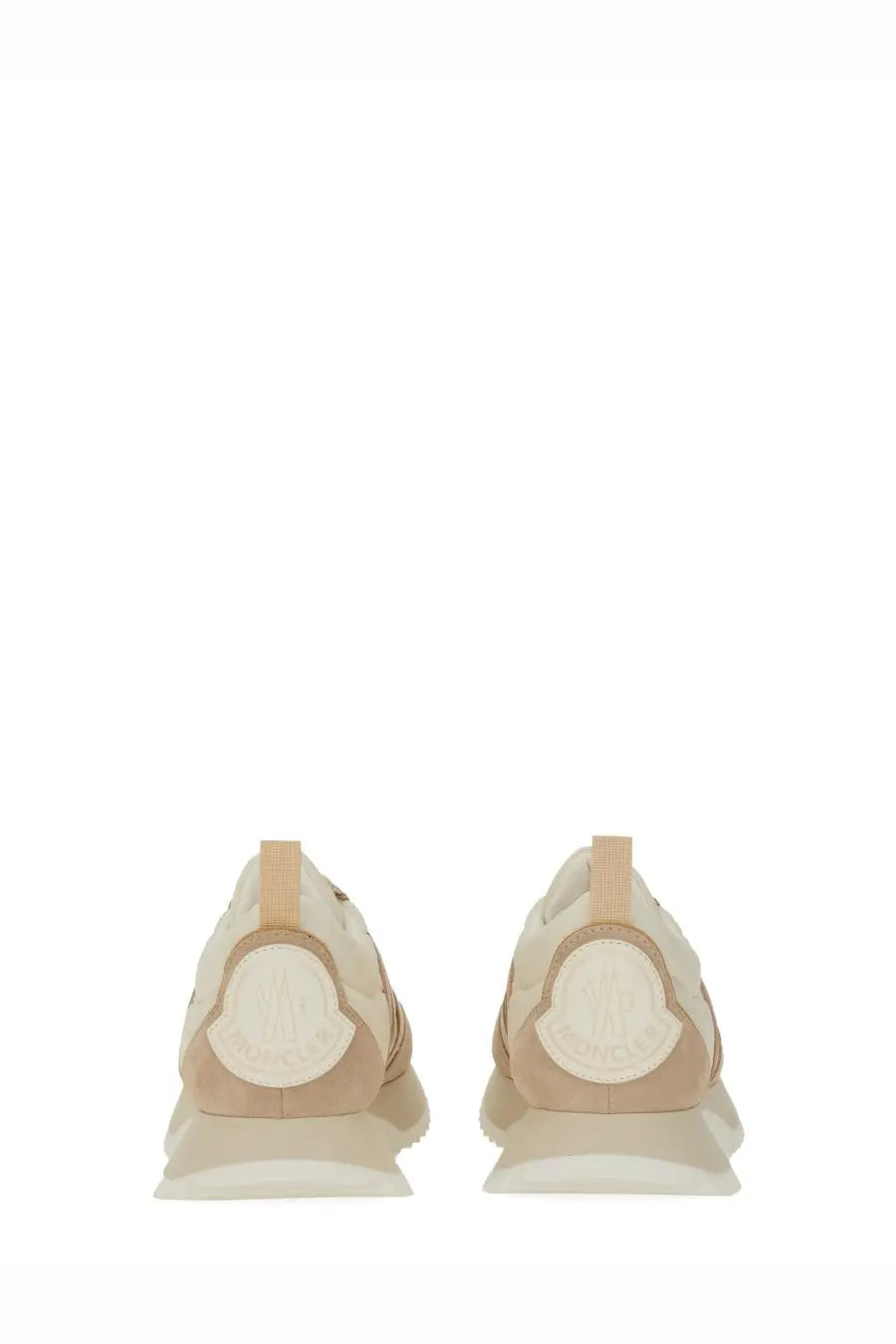 Moncler women’s pacey sneaker beige with soft textured upper and cream-colored heel logo patch visible from the back