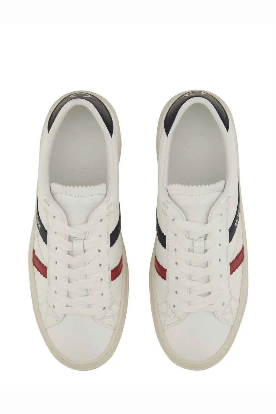 Moncler women’s white leather sneakers with black and red stripes and classic low-top design
