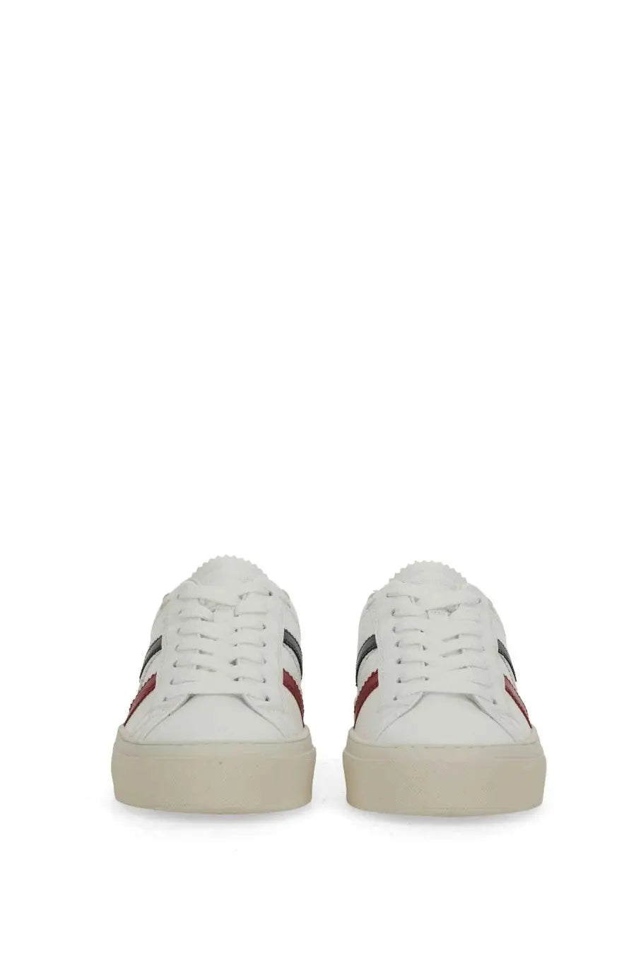Moncler women’s white leather sneakers with black and red striped accents on the sides