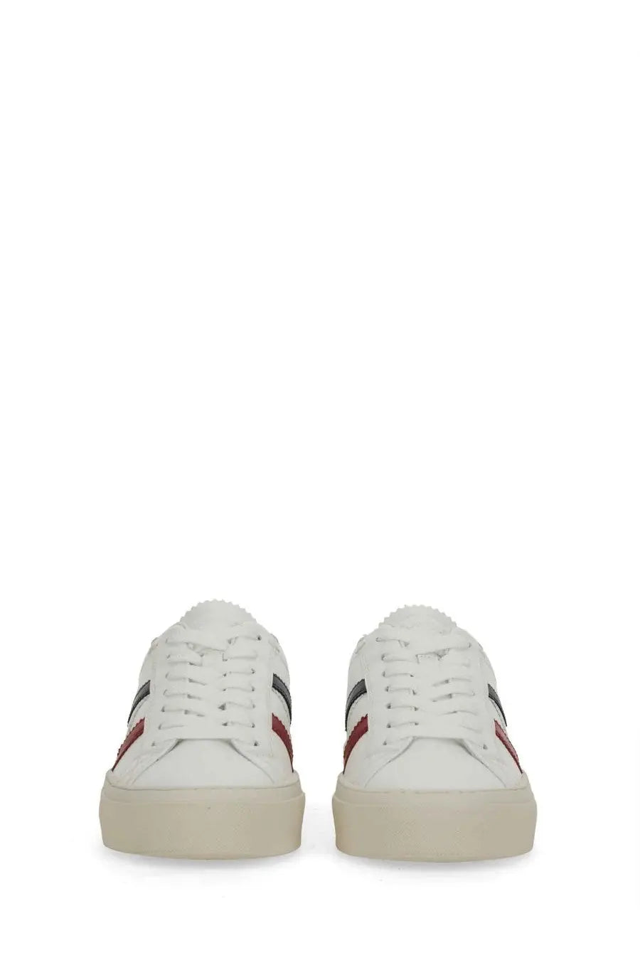 Moncler women’s white leather sneakers with red and black stripes on the sides for casual wear
